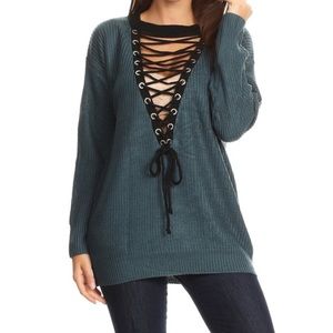 Lace up front & back sweater - teal